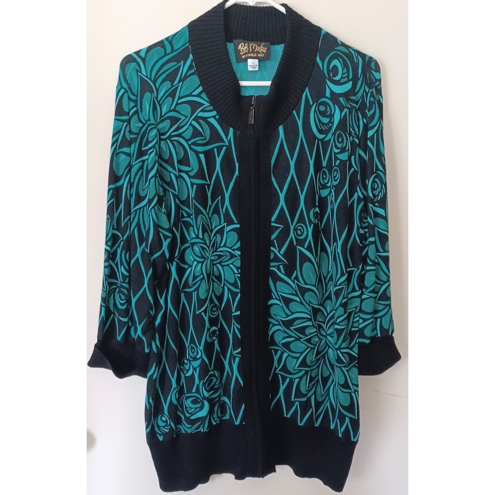 Bob Mackie Cardigan Women Large Teal Black Floral Lattice Zip Mock Neck Sweater